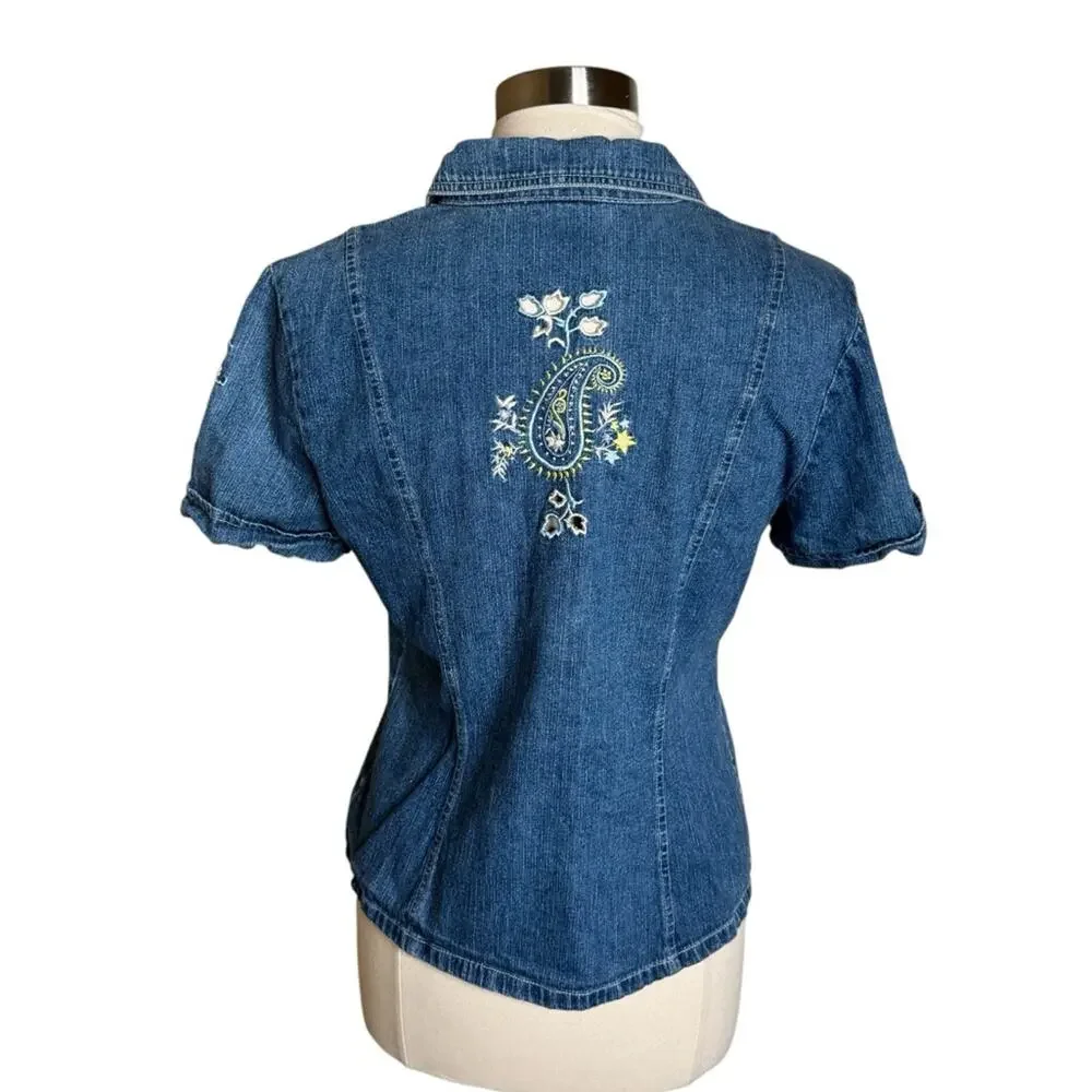 Vintage Ease Sport‎ Embroidered Floral Paisley Cutout Denim Shirt Womens 10